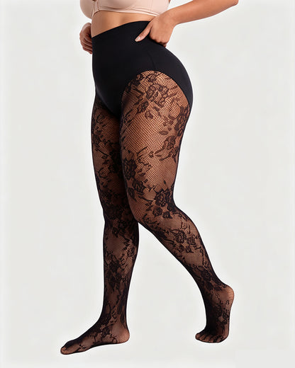 High-Waisted Floral Lace Shaping Tights