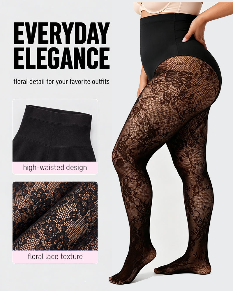High-Waisted Floral Lace Shaping Tights