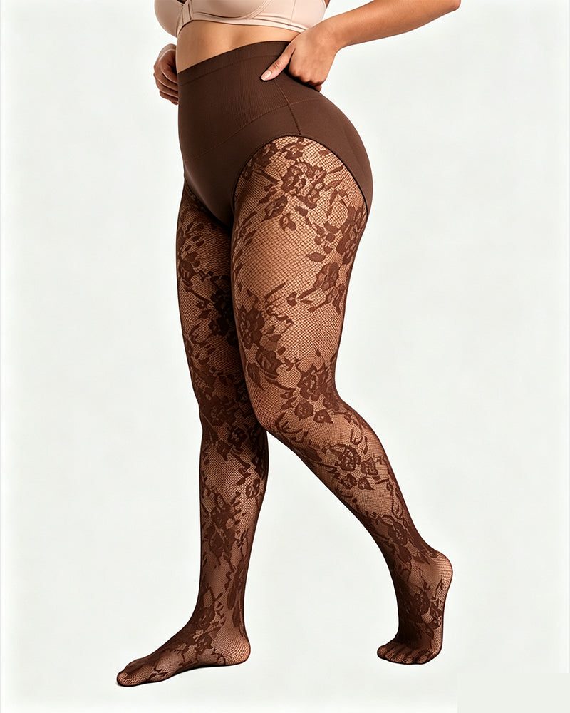 High-Waisted Floral Lace Shaping Tights
