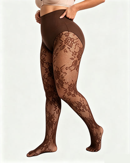 High-Waisted Floral Lace Shaping Tights