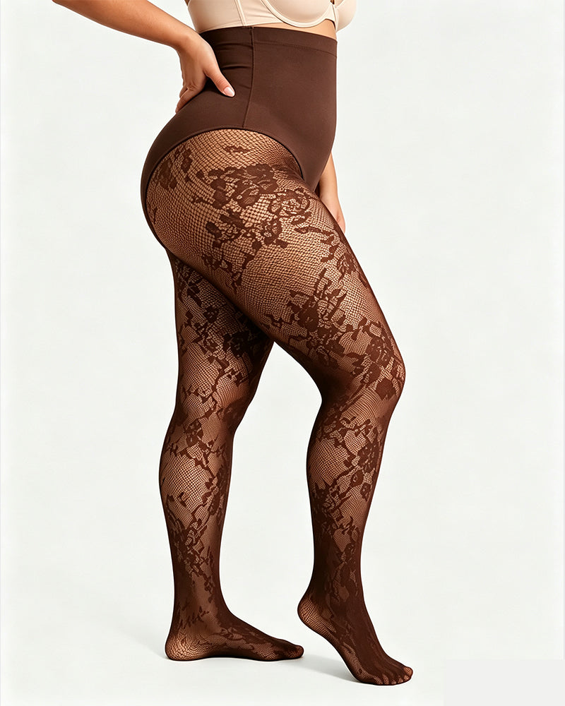 High-Waisted Floral Lace Shaping Tights