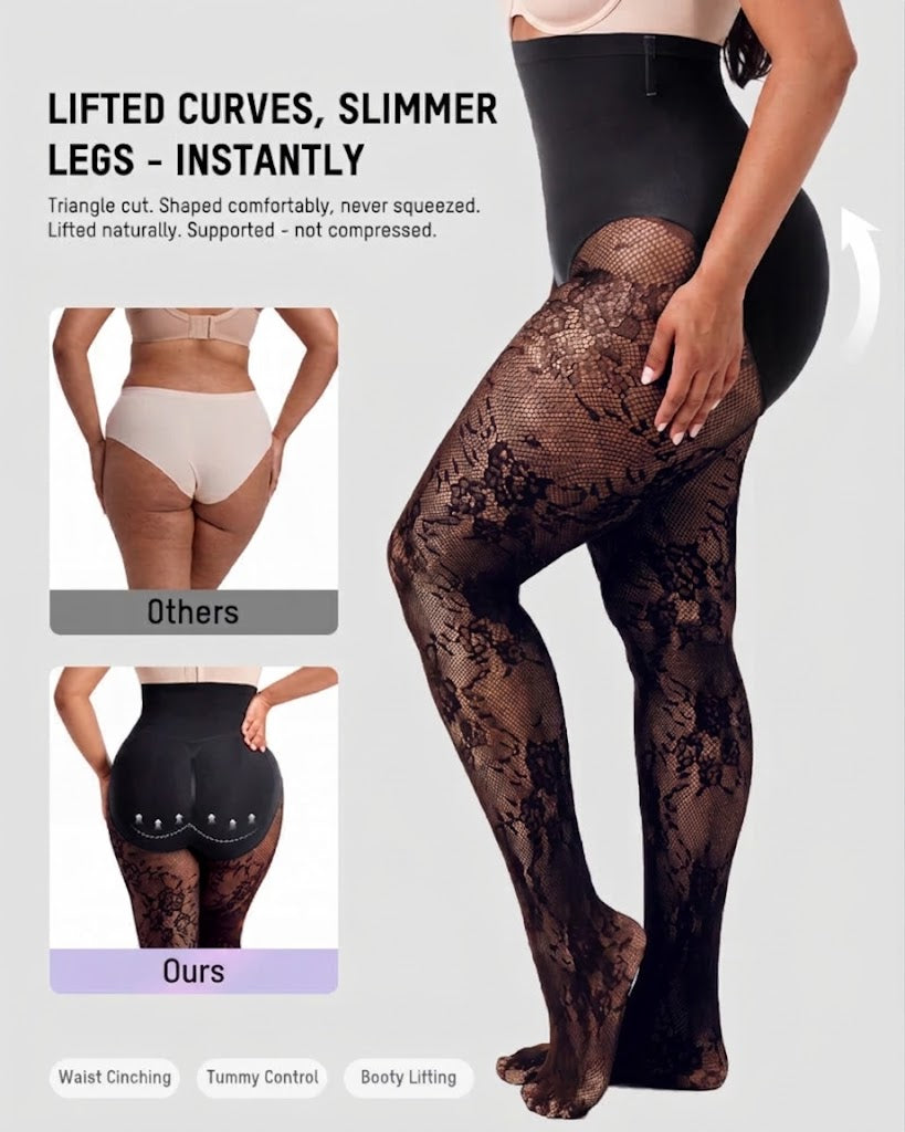 High-Waisted Floral Lace Shaping Tights